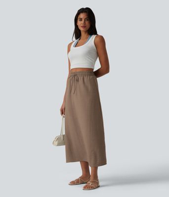 High Waisted Drawstring Maxi Linen-Feel Casual Skirt