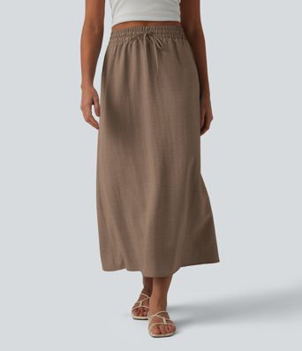 High Waisted Drawstring Maxi Linen-Feel Casual Skirt