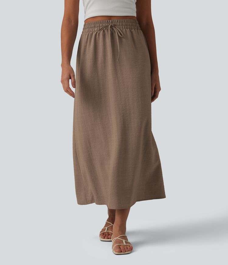 High Waisted Drawstring Maxi Linen-Feel Casual Skirt
