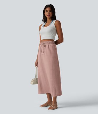 Jupe longue casual aspect lin taille haute avec cordon de serrage Jupe longue casual aspect lin taille haute avec cordon de serrage