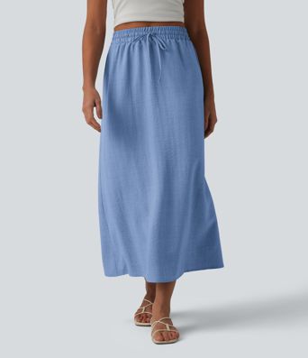 Jupe longue casual aspect lin taille haute avec cordon de serrage