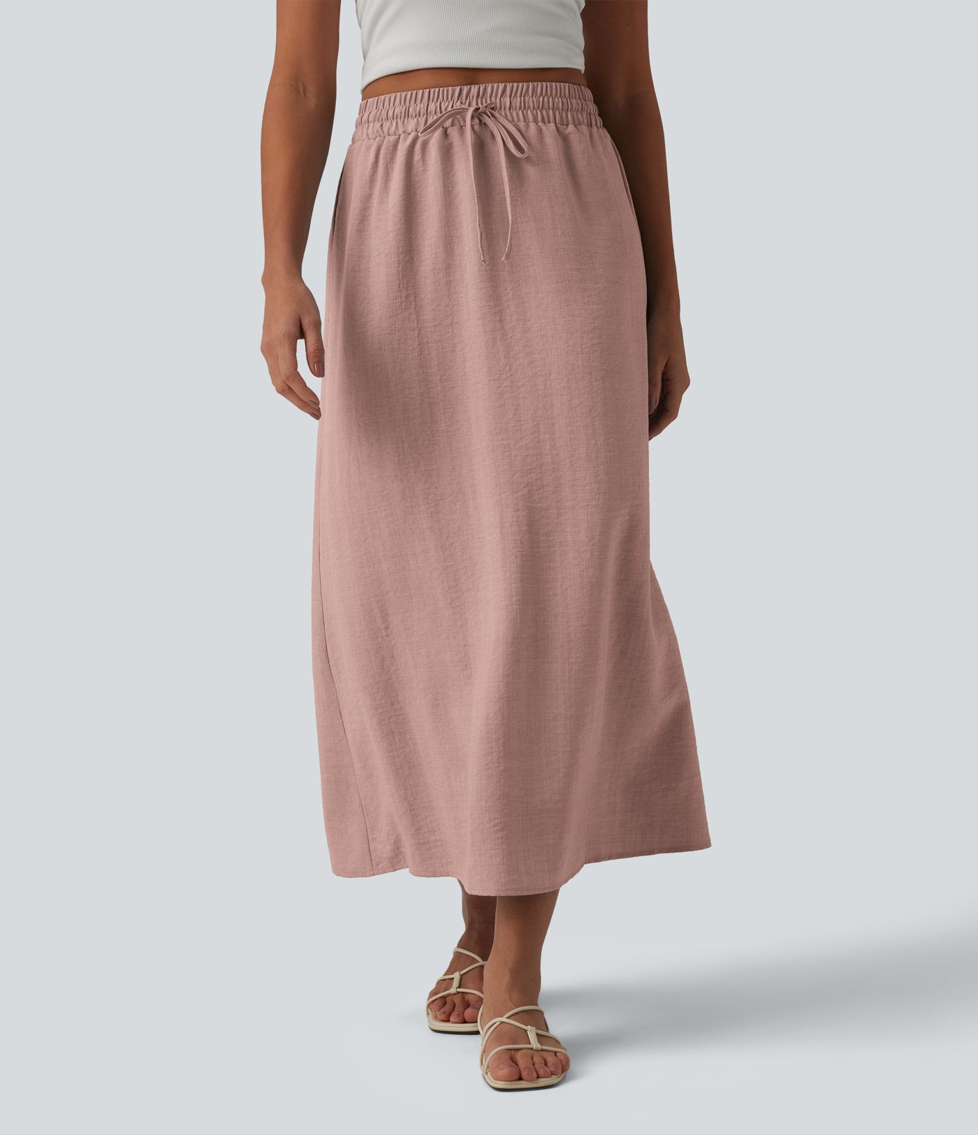 Jupe longue casual aspect lin taille haute avec cordon de serrage Jupe longue casual aspect lin taille haute avec cordon de serrage