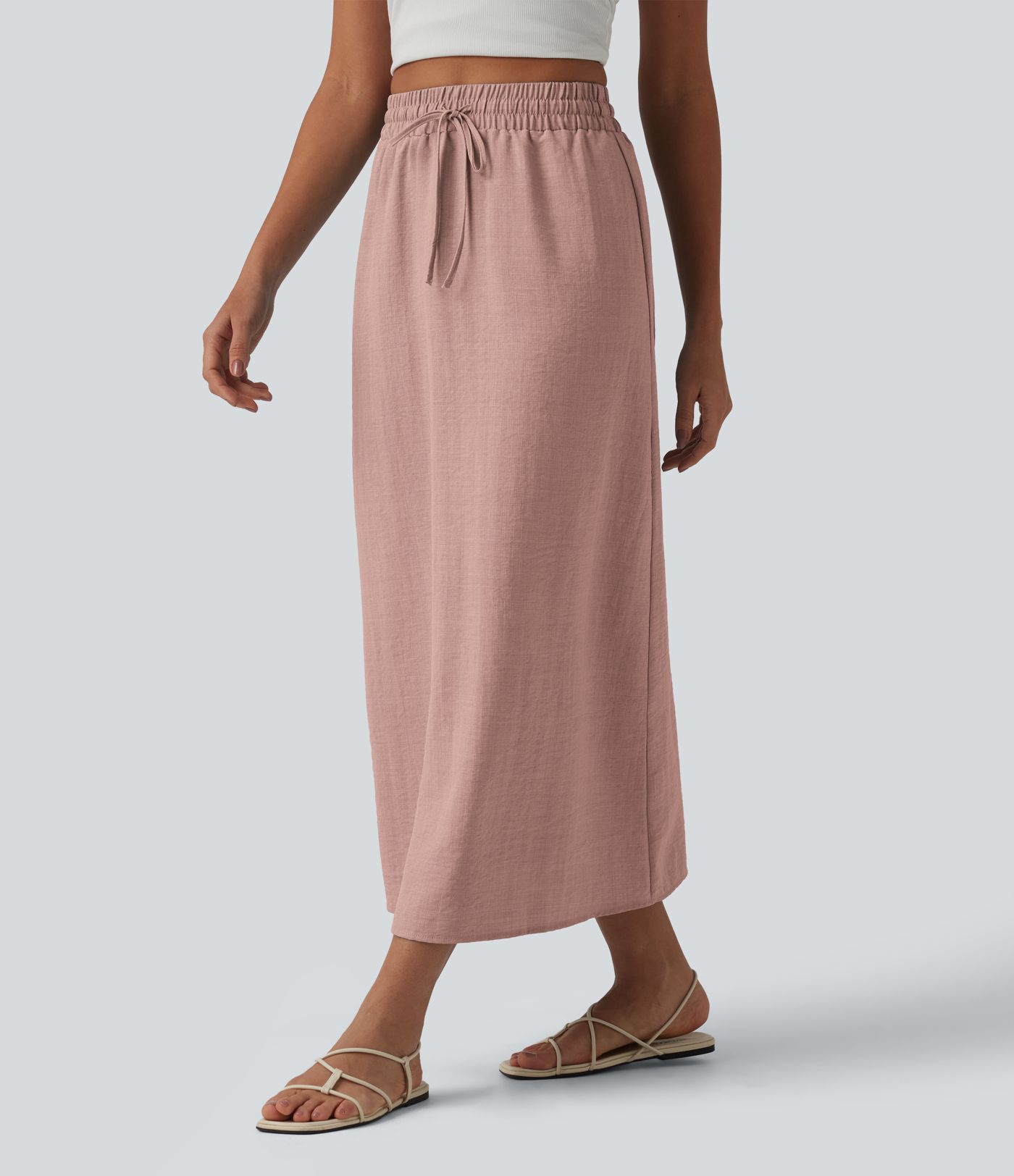 Jupe longue casual aspect lin taille haute avec cordon de serrage Jupe longue casual aspect lin taille haute avec cordon de serrage