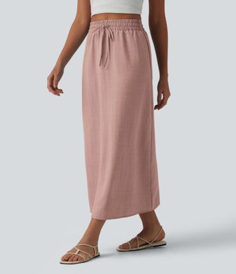Jupe longue casual aspect lin taille haute avec cordon de serrage Jupe longue casual aspect lin taille haute avec cordon de serrage