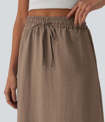 High Waisted Drawstring Maxi Linen-Feel Casual Skirt