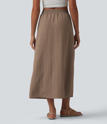 High Waisted Drawstring Maxi Linen-Feel Casual Skirt
