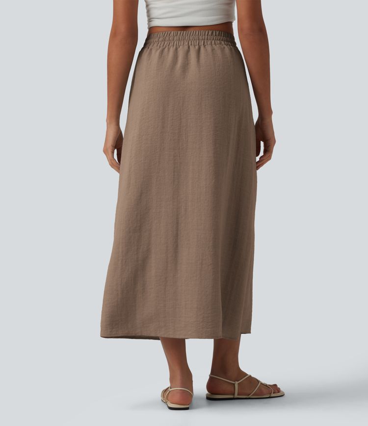 High Waisted Drawstring Maxi Linen-Feel Casual Skirt