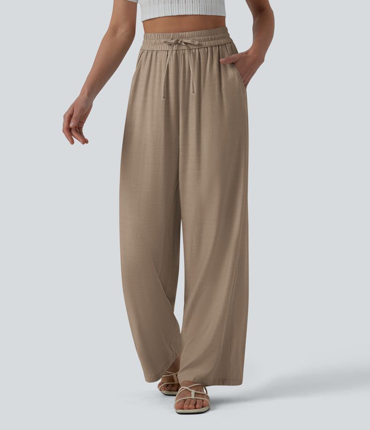 High Waisted Drawstring Wide Leg Casual Linen-Blend Pants with Pockets High Waisted Drawstring Wide Leg Casual Linen-Blend Pants with Pockets