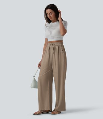 Pantalon casual large mélange lin taille haute avec cordon de serrage et poches