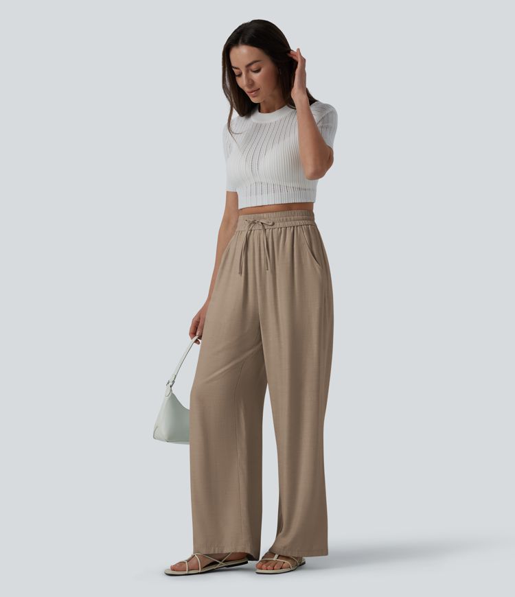 Pantalon casual large mélange lin taille haute avec cordon de serrage et poches
