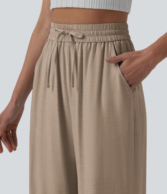 High Waisted Drawstring Wide Leg Casual Linen-Blend Pants with Pockets High Waisted Drawstring Wide Leg Casual Linen-Blend Pants with Pockets