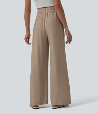 High Waisted Drawstring Wide Leg Casual Linen-Blend Pants with Pockets High Waisted Drawstring Wide Leg Casual Linen-Blend Pants with Pockets