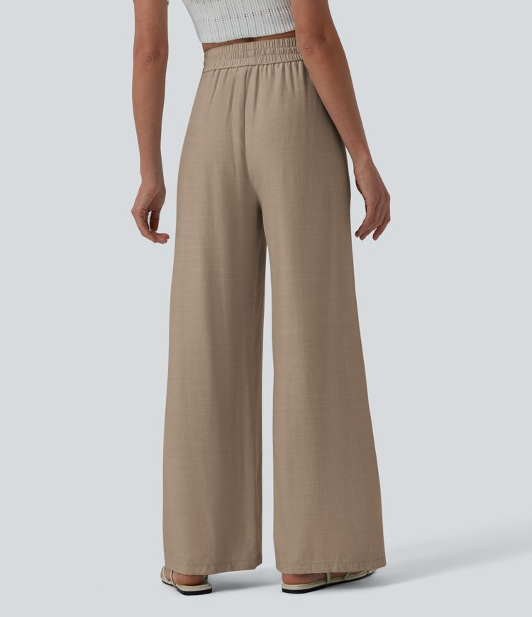 High Waisted Drawstring Wide Leg Casual Linen-Blend Pants with Pockets High Waisted Drawstring Wide Leg Casual Linen-Blend Pants with Pockets