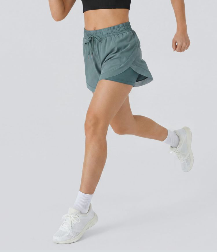 Shorts de running 2 en 1, talle medio con cordón, mesh en contraste, estilo fluido, 5'' Shorts de running 2 en 1, talle medio con cordón, mesh en contraste, estilo fluido, 5''