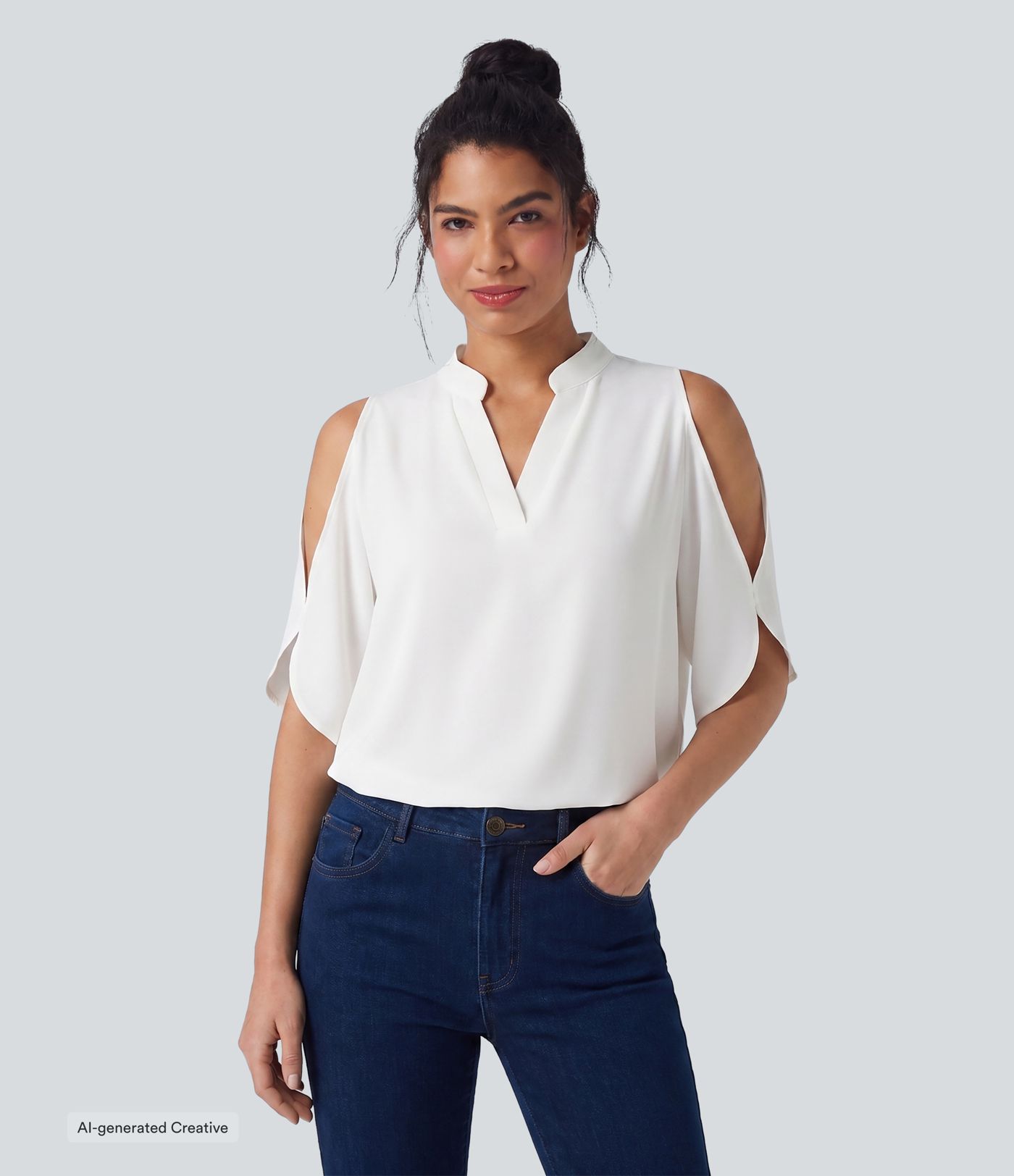 V Neck Short Sleeve Cut Out Work Blouse V Neck Short Sleeve Cut Out Work Blouse