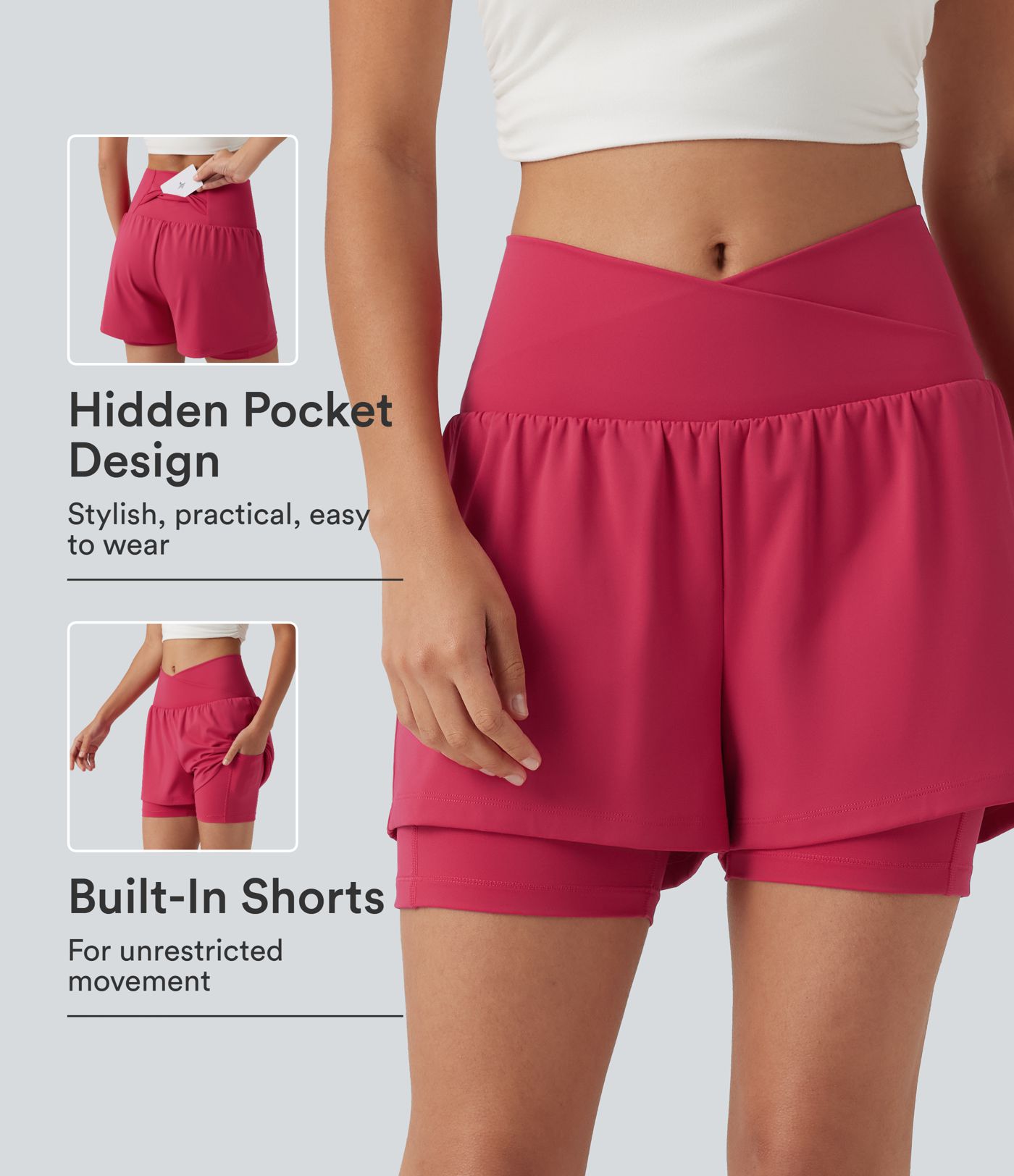 SoftlyZero™ Airy High Waisted Crossover 2-in-1 Cool Touch Yoga Shorts 5'' with Pockets