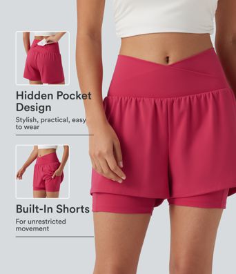SoftlyZero™ Airy High Waisted Crossover 2-in-1 Cool Touch Yoga Shorts 5'' with Pockets