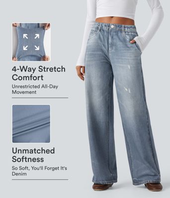 Mid Rise Denim Print French Terry Casual Sweatpants Jeans with Pockets Mid Rise Denim Print French Terry Casual Sweatpants Jeans with Pockets
