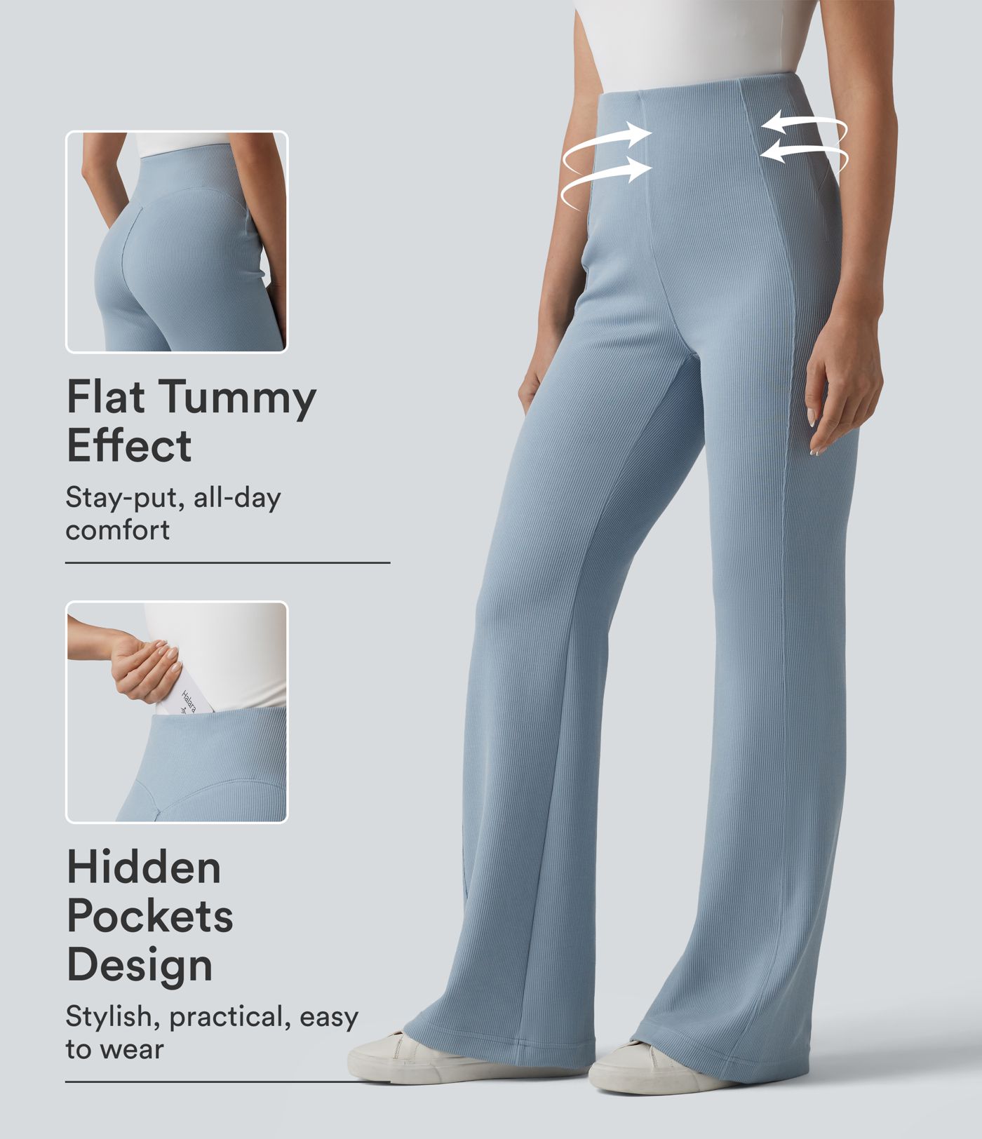 SpacerTek™ Ribbed High Waisted Tummy Control Casual Flare Trousers with Pocket SpacerTek™ Ribbed High Waisted Tummy Control Casual Flare Trousers with Pocket