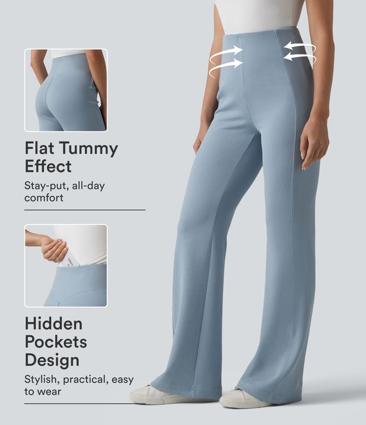 SpacerTek™ Ribbed High Waisted Tummy Control Casual Flare Trousers with Pocket SpacerTek™ Ribbed High Waisted Tummy Control Casual Flare Trousers with Pocket