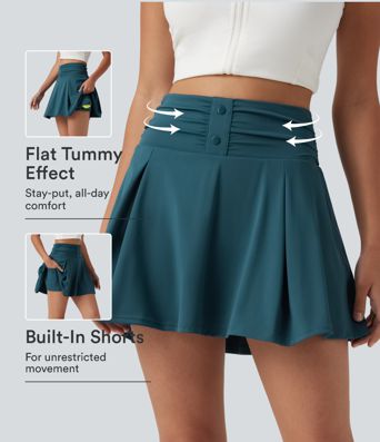 SoftlyZero™ QuickDry High Waisted Tummy Control Ruched 2-in-1 Mini Tennis Skirt with Pockets