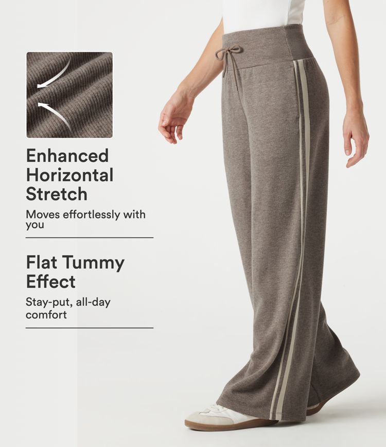 Ribbed High Waisted Tummy Control Drawstring Side Stripe Baggy Casual Pants with Pockets Ribbed High Waisted Tummy Control Drawstring Side Stripe Baggy Casual Pants with Pockets