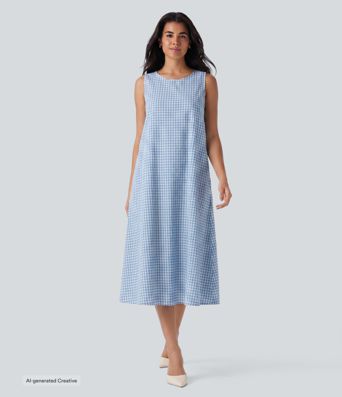 Round Neck Sleeveless Midi Crinkle Gingham Casual Tank Dress with Pockets