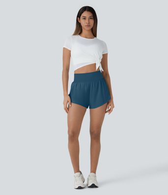 SoftlyZero™ QuickDry High Waisted Tummy Control Reflective Dots Crossover Hem 2-in-1 Running Shorts 3'' with Pockets SoftlyZero™ QuickDry High Waisted Tummy Control Reflective Dots Crossover Hem 2-in-1 Running Shorts 3'' with Pockets