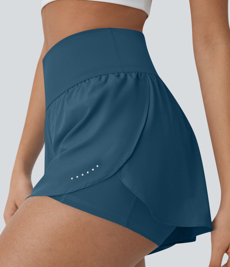 SoftlyZero™ QuickDry High Waisted Tummy Control Reflective Dots Crossover Hem 2-in-1 Running Shorts 3'' with Pockets SoftlyZero™ QuickDry High Waisted Tummy Control Reflective Dots Crossover Hem 2-in-1 Running Shorts 3'' with Pockets