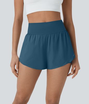 SoftlyZero™ QuickDry High Waisted Tummy Control Reflective Dots Crossover Hem 2-in-1 Running Shorts 3'' with Pockets SoftlyZero™ QuickDry High Waisted Tummy Control Reflective Dots Crossover Hem 2-in-1 Running Shorts 3'' with Pockets
