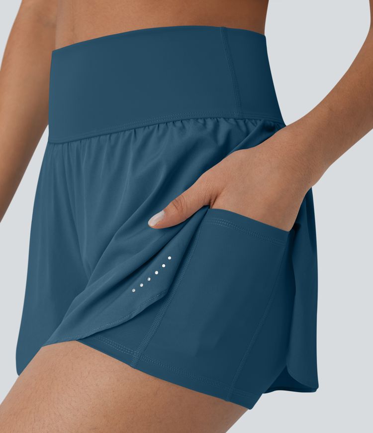 SoftlyZero™ QuickDry High Waisted Tummy Control Reflective Dots Crossover Hem 2-in-1 Running Shorts 3'' with Pockets SoftlyZero™ QuickDry High Waisted Tummy Control Reflective Dots Crossover Hem 2-in-1 Running Shorts 3'' with Pockets