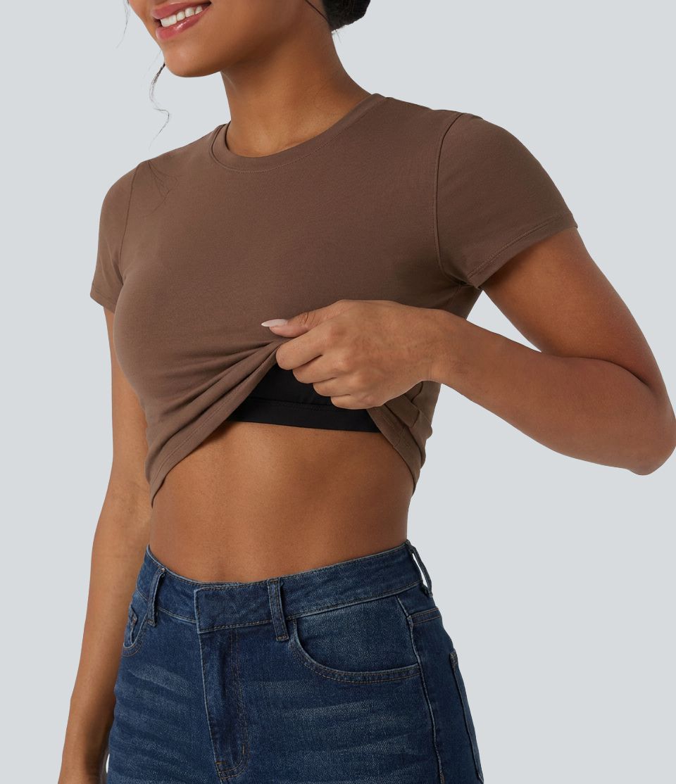 Halara Cotton Jersey Round Neck Short Sleeve Ruched Built-in Bra Casual T-Shirt