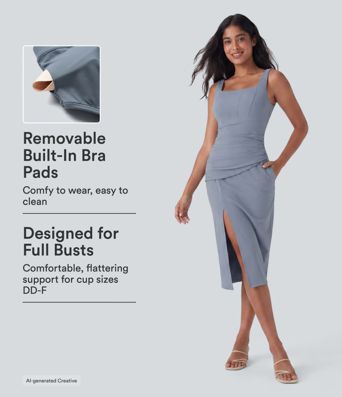SoftlyZero™ Airy Square Neck Corset Ruched Bodycon Midi InstantCool Dress DD-F Cups