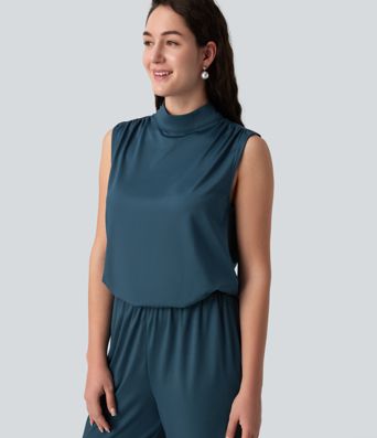 Ärmelloser Jumpsuit mit Stehkragen, Seitentaschen und geradem Bein für Brautjungfern und Hochzeitsgäste - Easy Peezy Ärmelloser Jumpsuit mit Stehkragen, Seitentaschen und geradem Bein für Brautjungfern und Hochzeitsgäste - Easy Peezy