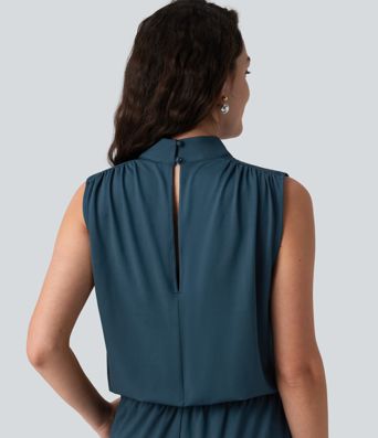 Ärmelloser Jumpsuit mit Stehkragen, Seitentaschen und geradem Bein für Brautjungfern und Hochzeitsgäste - Easy Peezy Ärmelloser Jumpsuit mit Stehkragen, Seitentaschen und geradem Bein für Brautjungfern und Hochzeitsgäste - Easy Peezy