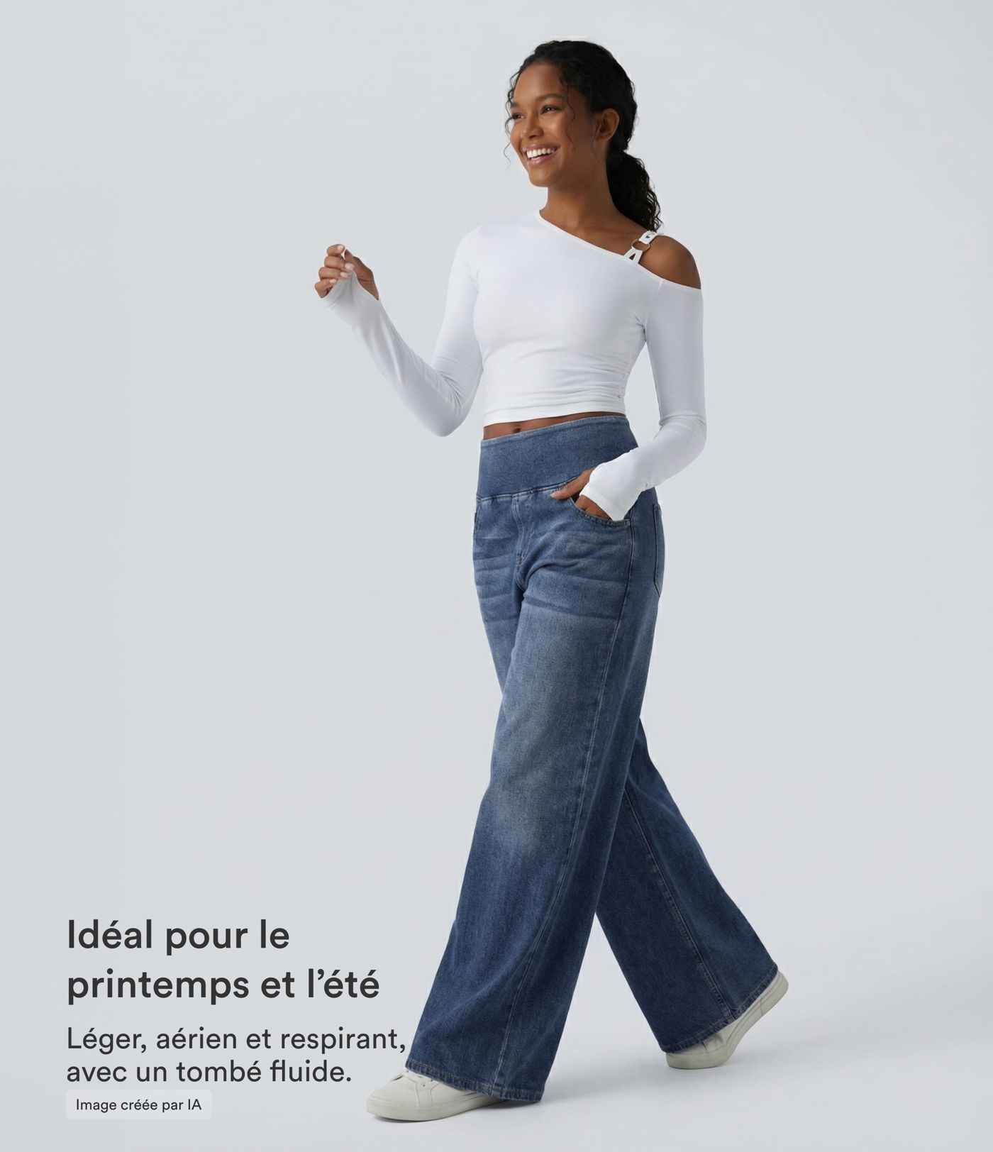 Halara Flex™ Jean large casual baggy taille mi-haute en lyocell drapé effet délavé, avec poches Halara Flex™ Jean large casual baggy taille mi-haute en lyocell drapé effet délavé, avec poches