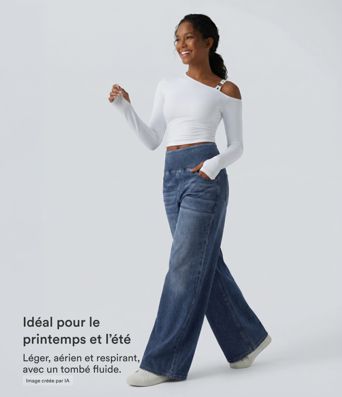 Halara Flex™ Jean large casual baggy taille mi-haute en lyocell drapé effet délavé, avec poches Halara Flex™ Jean large casual baggy taille mi-haute en lyocell drapé effet délavé, avec poches