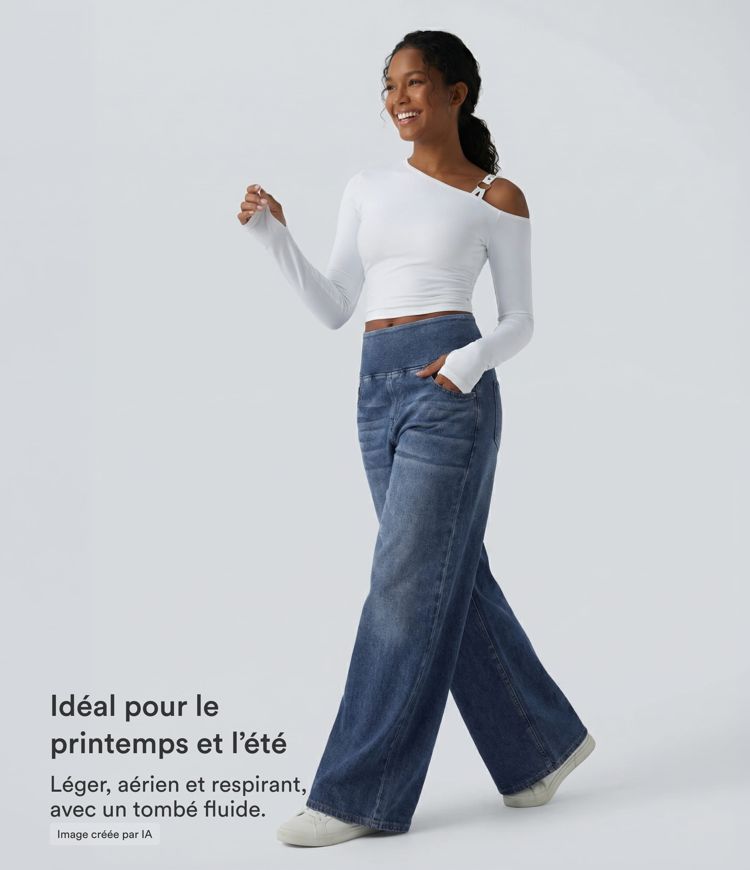 Halara Flex™ Jean large casual baggy taille mi-haute en lyocell drapé effet délavé, avec poches Halara Flex™ Jean large casual baggy taille mi-haute en lyocell drapé effet délavé, avec poches