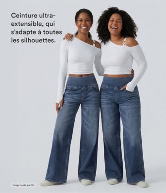 Halara Flex™ Jean large casual baggy taille mi-haute en lyocell drapé effet délavé, avec poches Halara Flex™ Jean large casual baggy taille mi-haute en lyocell drapé effet délavé, avec poches