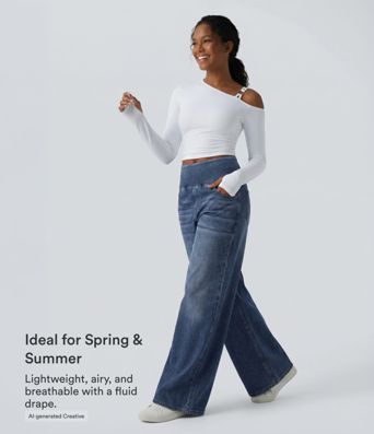 Halara Flex™ Mid Rise Draped Lyocell Washed Casual Baggy Wide Leg Jeans with Pockets