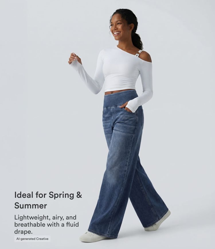 Halara Flex™ Mid Rise Draped Lyocell Washed Casual Baggy Wide Leg Jeans with Pockets