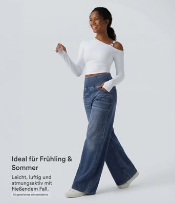 Halara Flex™ - Lässige, gewaschene Baggy-Jeans aus drapiertem Lyocell mit mittelhohem Bund, mehreren Taschen und weitem Bein Halara Flex™ - Lässige, gewaschene Baggy-Jeans aus drapiertem Lyocell mit mittelhohem Bund, mehreren Taschen und weitem Bein