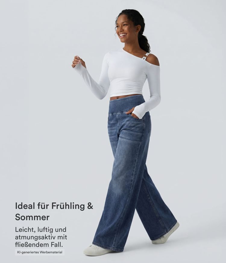 Halara Flex™ - Lässige, gewaschene Baggy-Jeans aus drapiertem Lyocell mit mittelhohem Bund, mehreren Taschen und weitem Bein Halara Flex™ - Lässige, gewaschene Baggy-Jeans aus drapiertem Lyocell mit mittelhohem Bund, mehreren Taschen und weitem Bein
