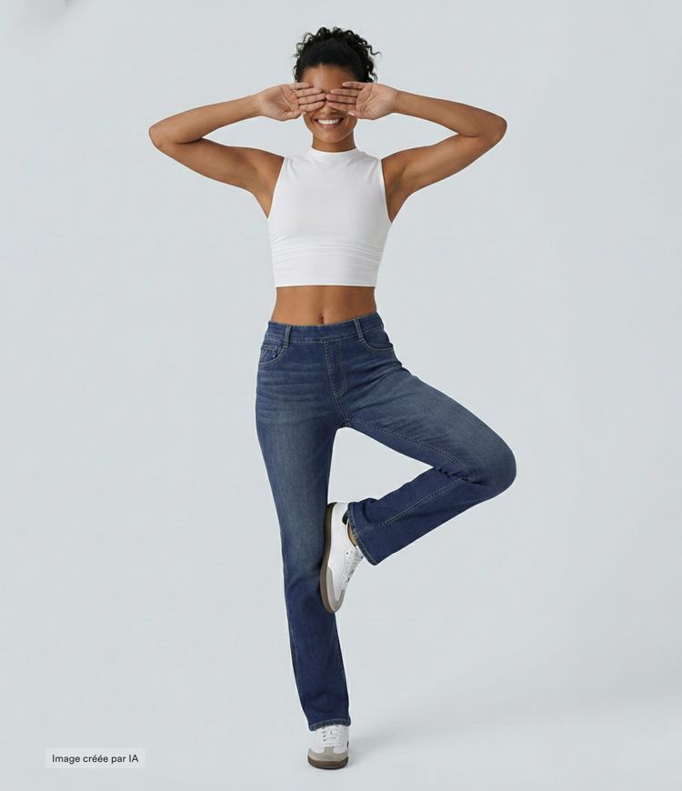 Halara Flex™ Jeans bootcut Casual Taille Haute Multiples Poches Lavés Élastiques et Tricotés Coupe