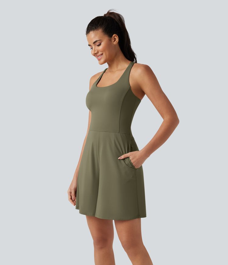 SoftlyZero™ Airy U Neck Built-in Bra Cool Touch Workout Romper with Pockets-Easy Peezy Edition