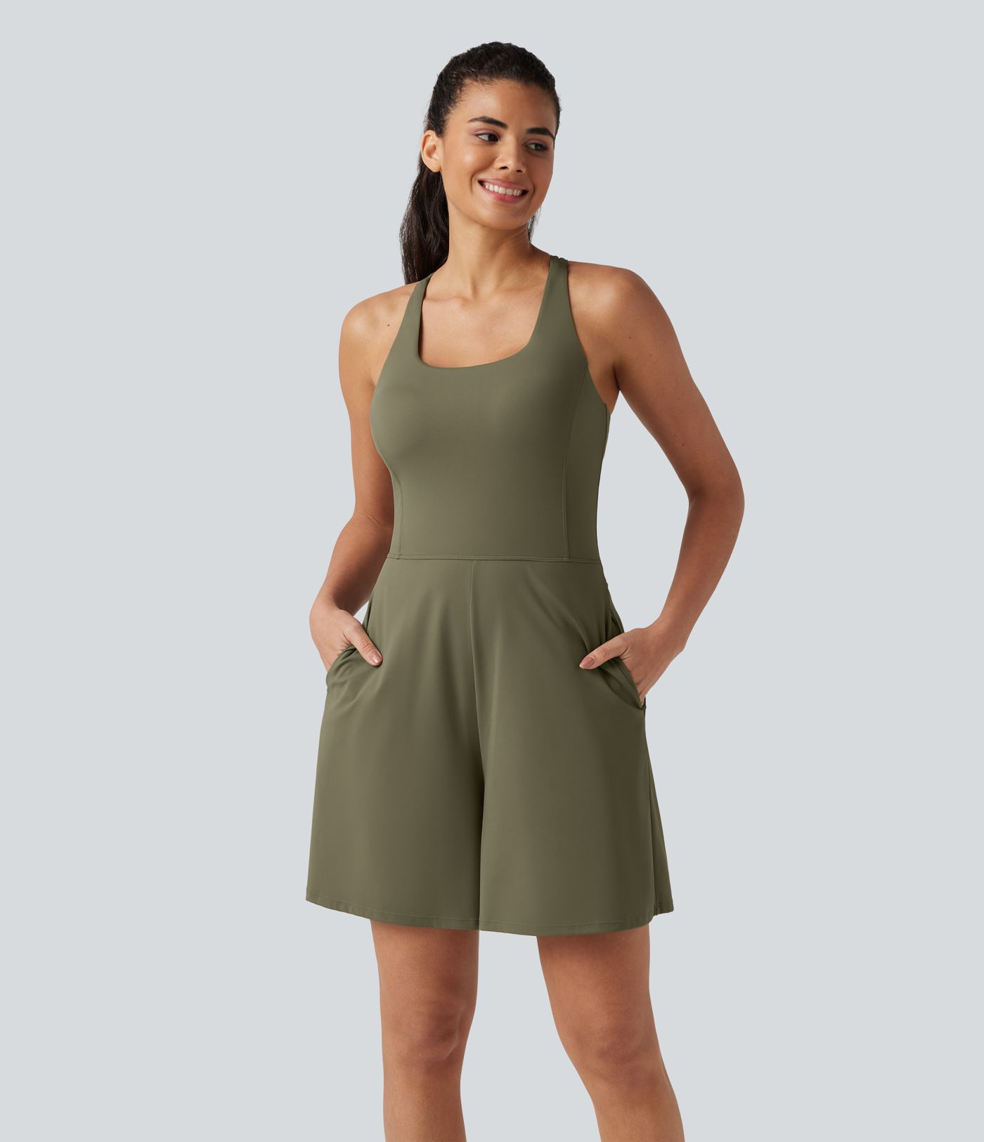 SoftlyZero™ Airy U Neck Built-in Bra Cool Touch Workout Romper with Pockets-Easy Peezy Edition
