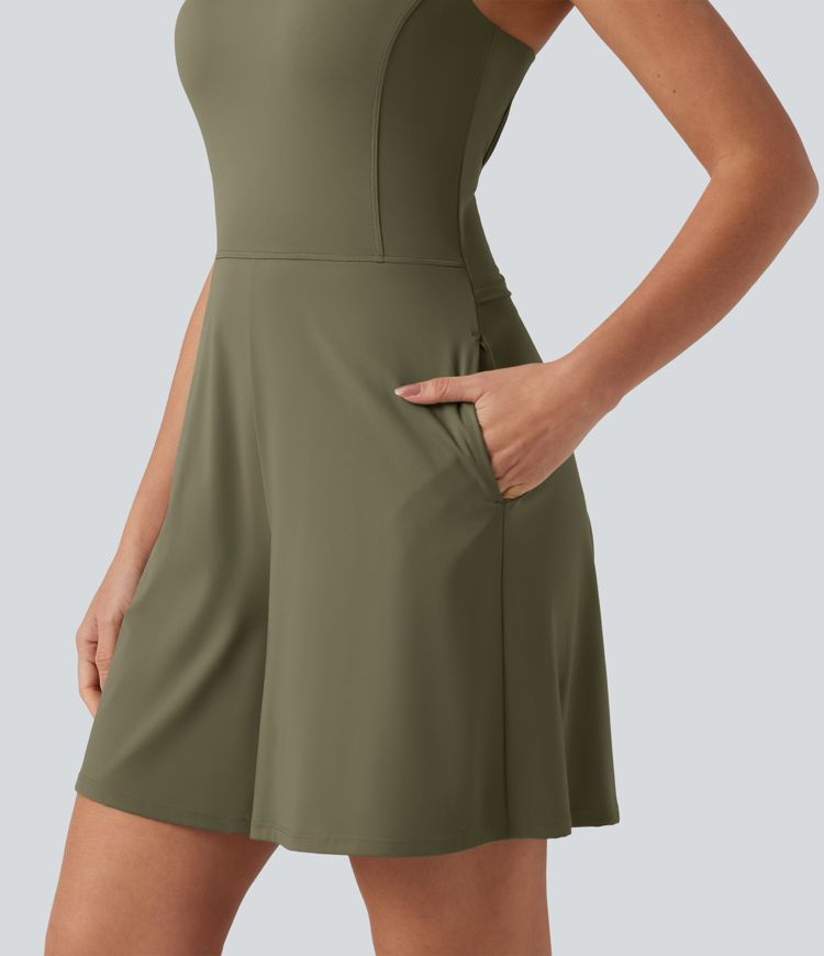 SoftlyZero™ Airy U Neck Built-in Bra Cool Touch Workout Romper with Pockets-Easy Peezy Edition