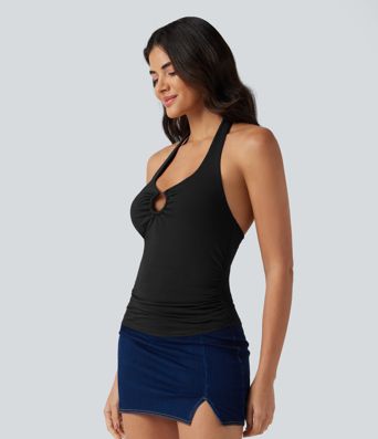 Halter Tie Back Built-in Bra Ruched Casual Tank Top Halter Tie Back Built-in Bra Ruched Casual Tank Top