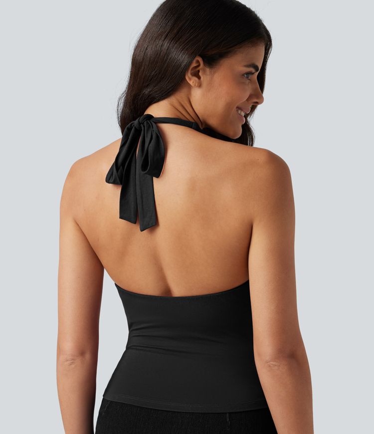 Halter Tie Back Built-in Bra Ruched Casual Tank Top Halter Tie Back Built-in Bra Ruched Casual Tank Top