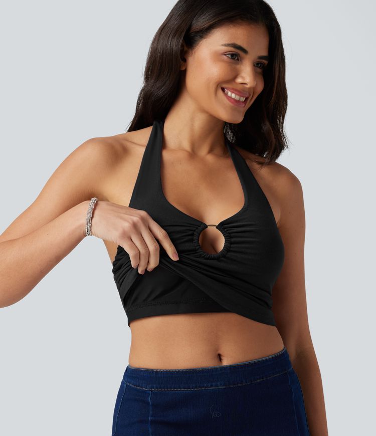 Halter Tie Back Built-in Bra Ruched Casual Tank Top Halter Tie Back Built-in Bra Ruched Casual Tank Top